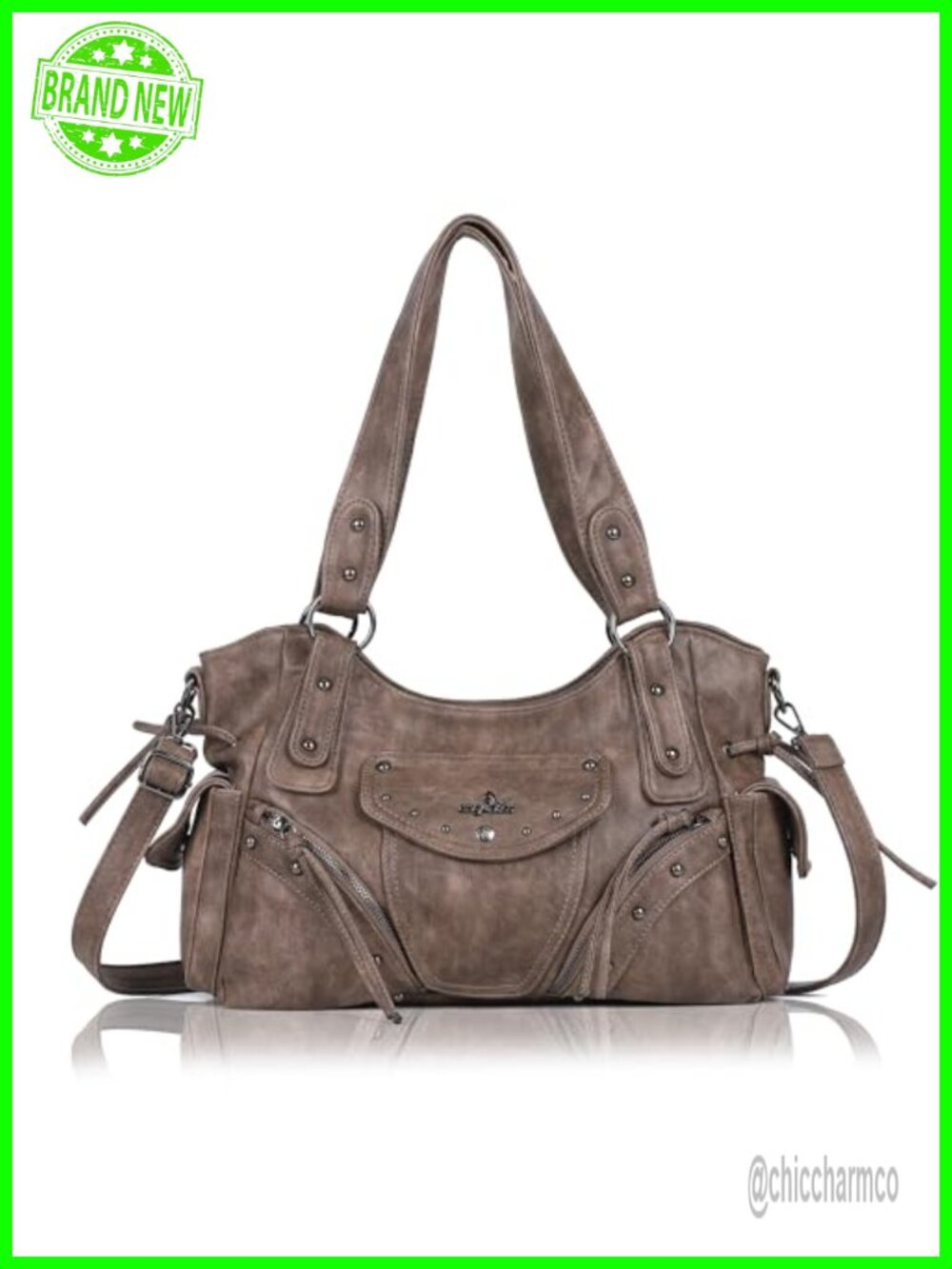 Vegan Leather Hobo Shoulder Bag with Crossbody Strap Studded Accents